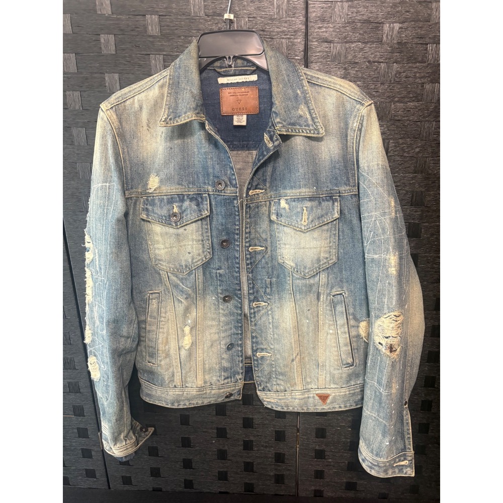 Guess distressed denim jacket men's size x/s blue